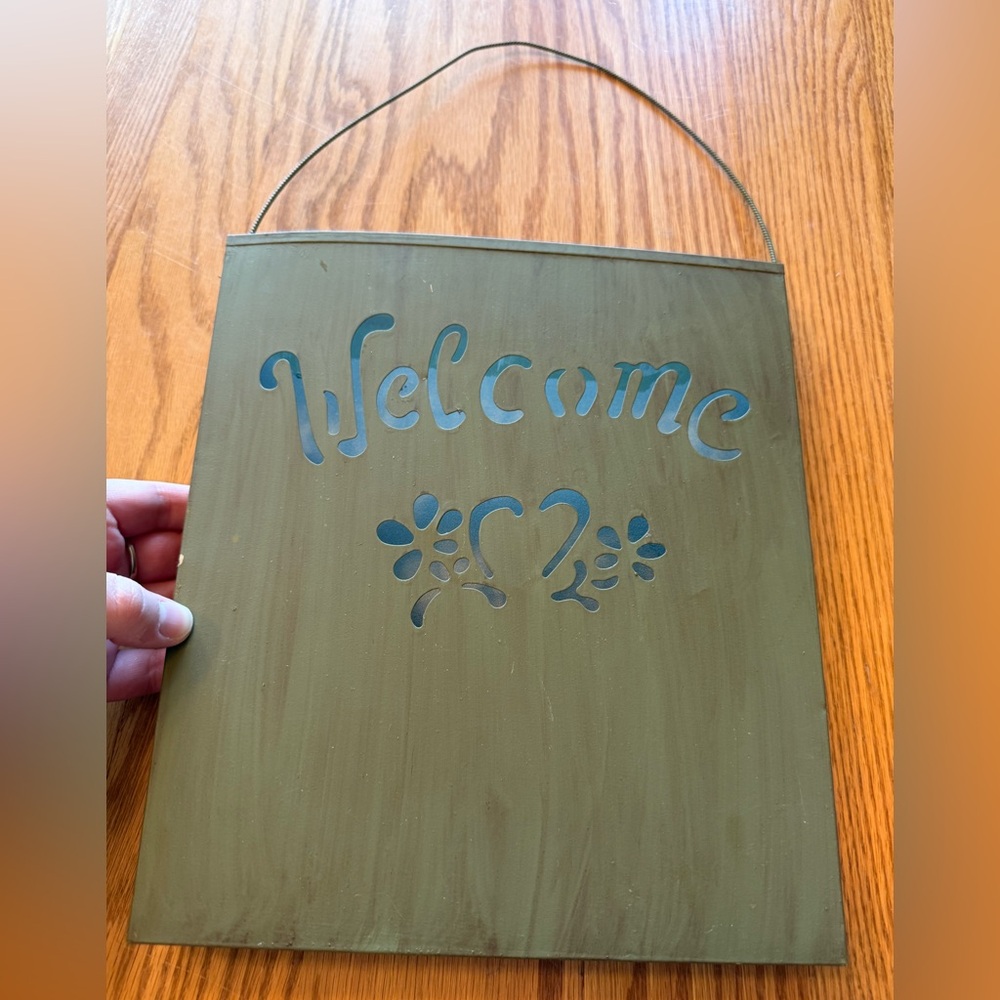 Sage Green Metal Welcome Hanging Basket